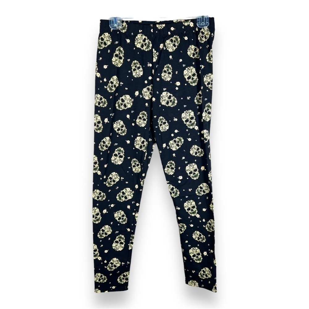 NEW BLACK FLORAL SKULL PRINT MEDIUM ANKLE LEGGINGS NO BOUNDARIES STRETCH